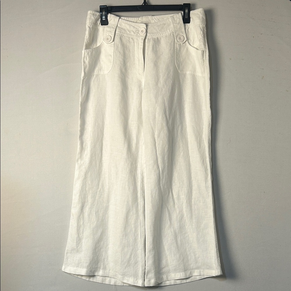 Vantarsi Women’s 100% Linen White Pants Wide Leg Pockets Size Large